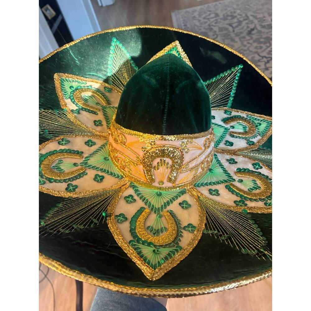 Pigalle Salazar Green Velvet Gold Sombrero Made In Mexico - Picture 7 of 7